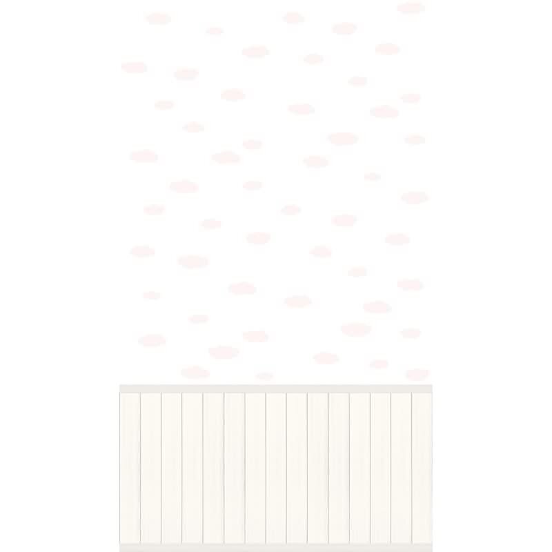Fototapete Weiße Wolken mit Rosa auf Weiß - Vliestapete mit Holzpaneel Kinderzimmer (398164)