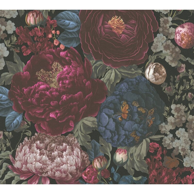 Dunkle Blumentapete mit üppigen Pfingstrosen und Schmetterlingen (399791)