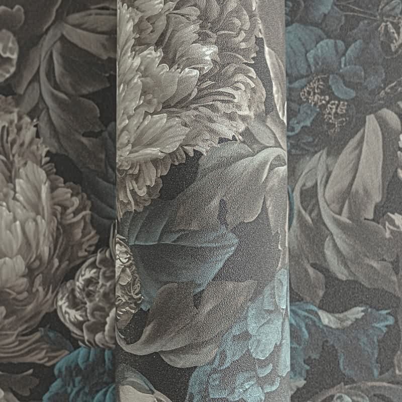 Elegante Blumentapete in Grau-Blau mit Vintage-Charakter (399792)