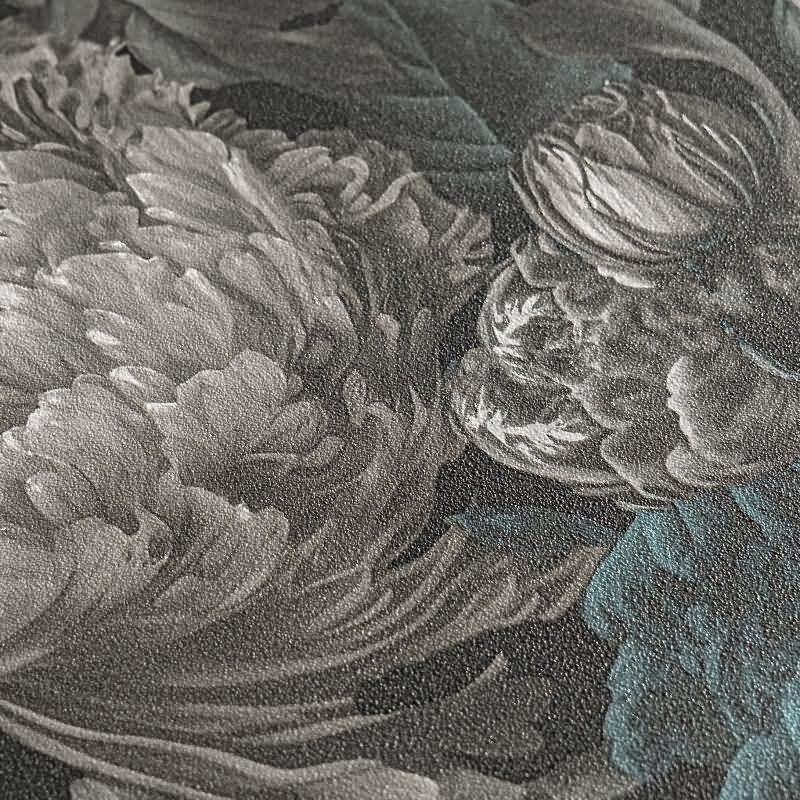 Elegante Blumentapete in Grau-Blau mit Vintage-Charakter (399792)