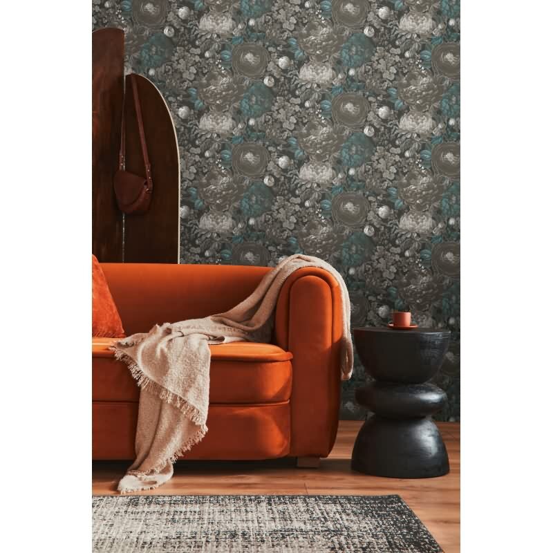 Elegante Blumentapete in Grau-Blau mit Vintage-Charakter (399792)