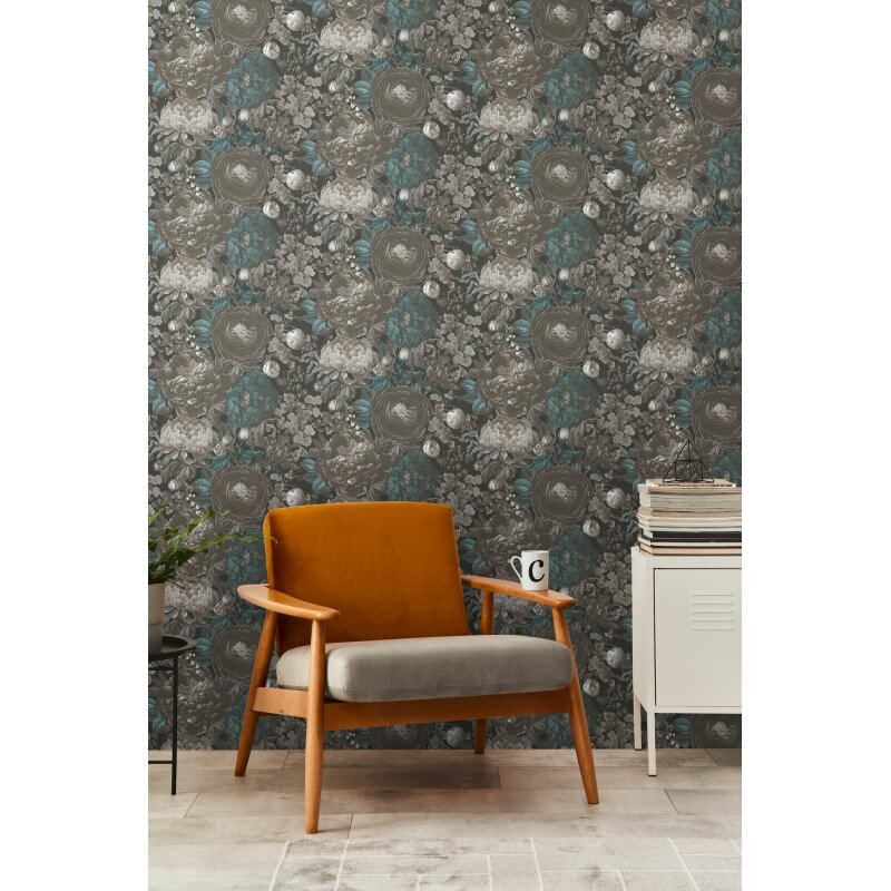 Elegante Blumentapete in Grau-Blau mit Vintage-Charakter (399792)