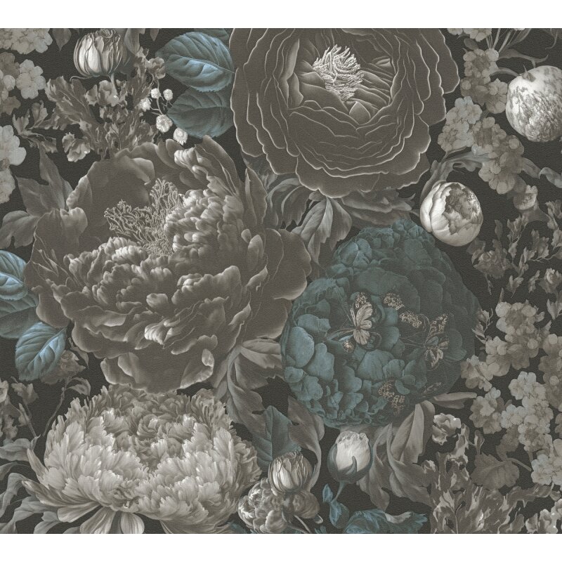 Elegante Blumentapete in Grau-Blau mit Vintage-Charakter (399792)