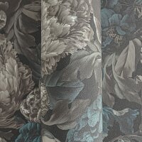 Elegante Blumentapete in Grau-Blau mit Vintage-Charakter...