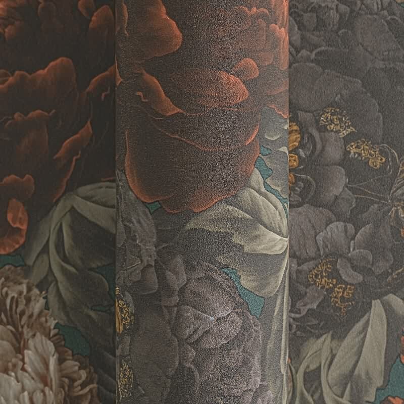 Vliestapete mit großen Blüten in Grün-Braun und Vintage-Flair (399793)