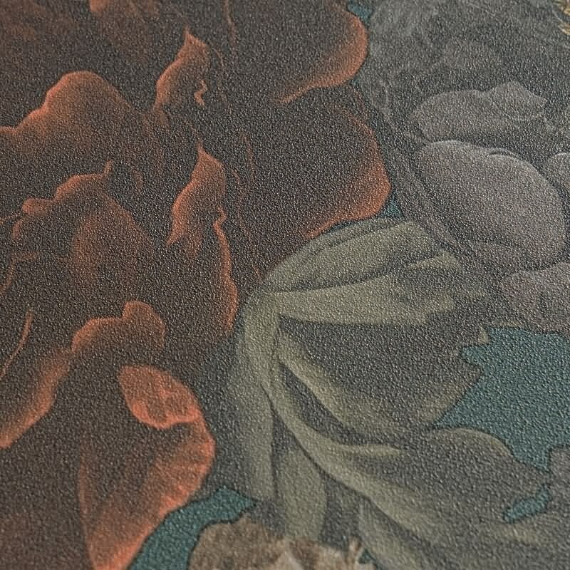 Vliestapete mit großen Blüten in Grün-Braun und Vintage-Flair (399793)