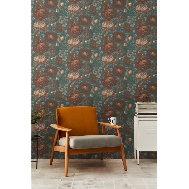 Vliestapete mit großen Blüten in Grün-Braun und Vintage-Flair (399793)