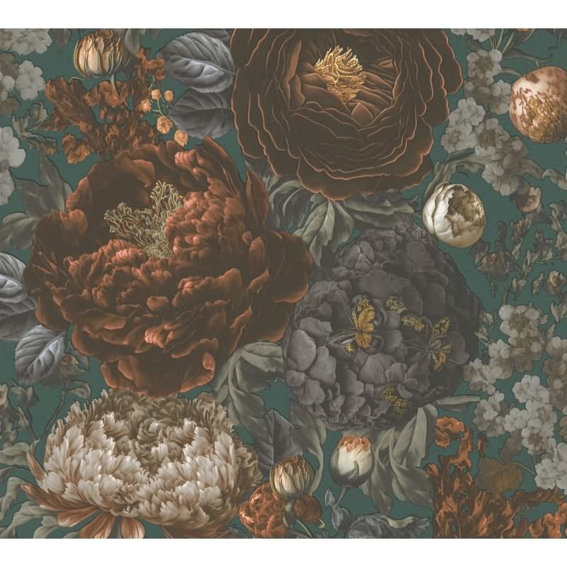 Vliestapete mit großen Blüten in Grün-Braun und Vintage-Flair (399793)