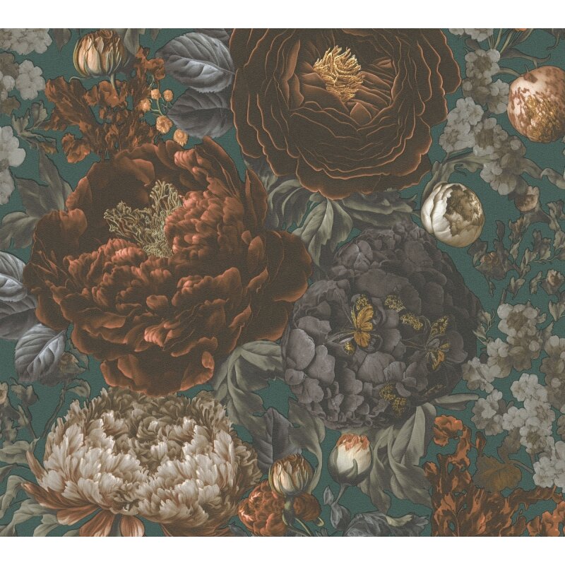 Vliestapete mit großen Blüten in Grün-Braun und Vintage-Flair (399793)