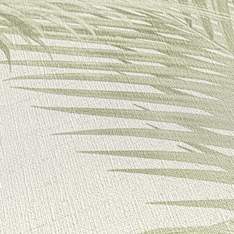 Vliestapete mit Palmenblättern in Hellgrün auf hellem Hintergrund (399802)