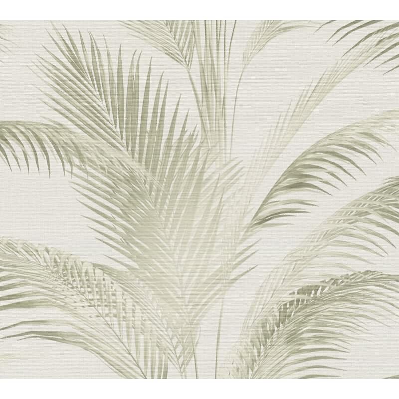 Vliestapete mit Palmenblättern in Hellgrün auf hellem Hintergrund (399802)