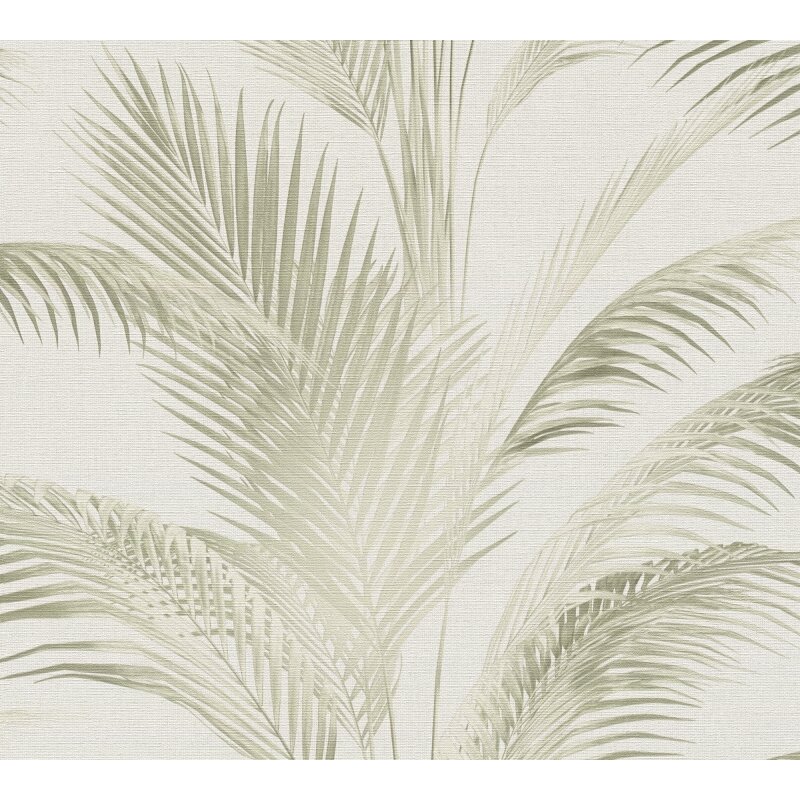 Vliestapete mit Palmenblättern in Hellgrün auf hellem Hintergrund (399802)