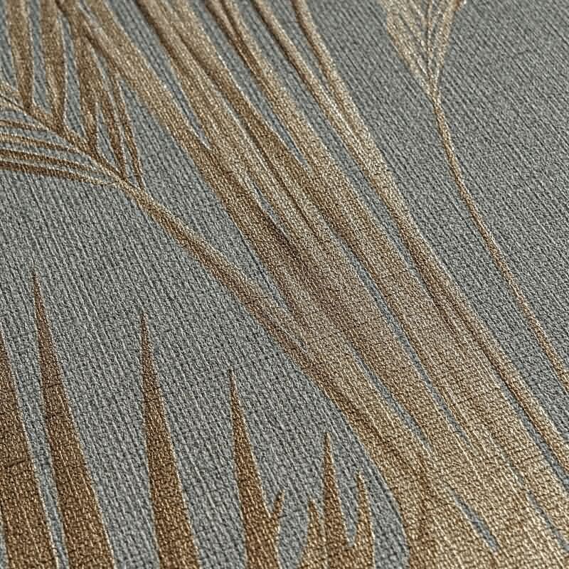 Vliestapete mit Palmenblättern in Braun auf grauem Hintergrund (399803)