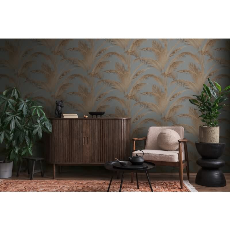 Vliestapete mit Palmenblättern in Braun auf grauem Hintergrund (399803)