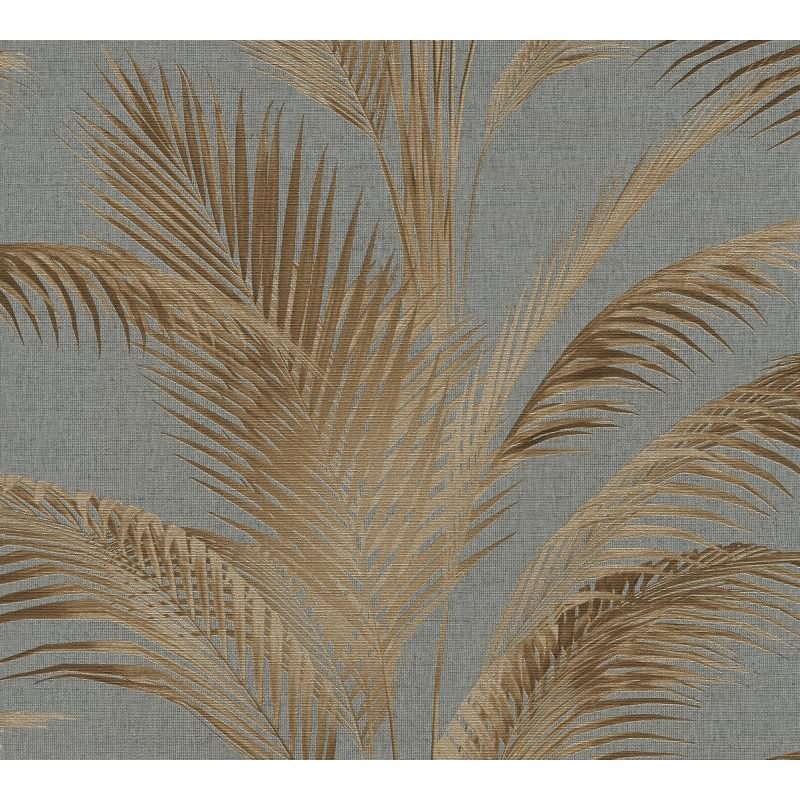 Vliestapete mit Palmenblättern in Braun auf grauem Hintergrund (399803)