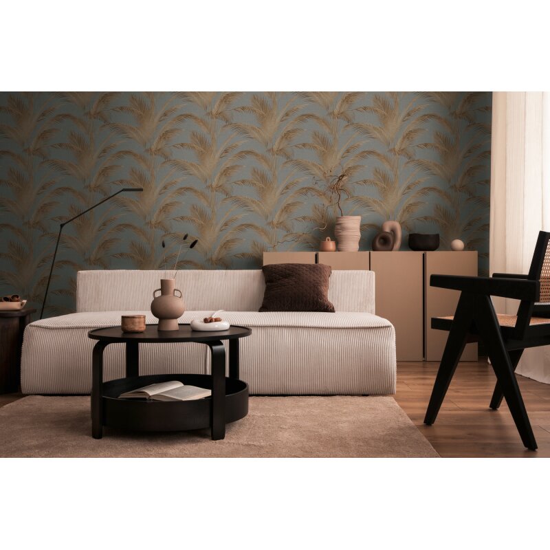 Vliestapete mit Palmenblättern in Braun auf grauem Hintergrund (399803)