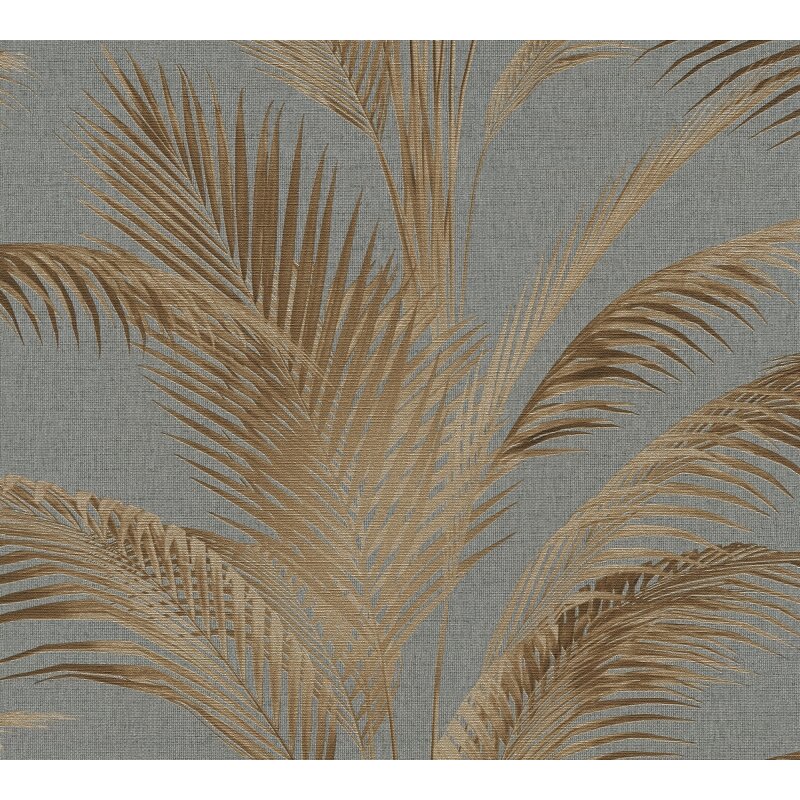 Vliestapete mit Palmenblättern in Braun auf grauem Hintergrund (399803)