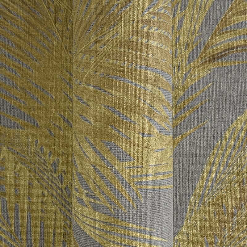 Vliestapete mit goldgelben Palmenblättern auf grauem Hintergrund (399804)