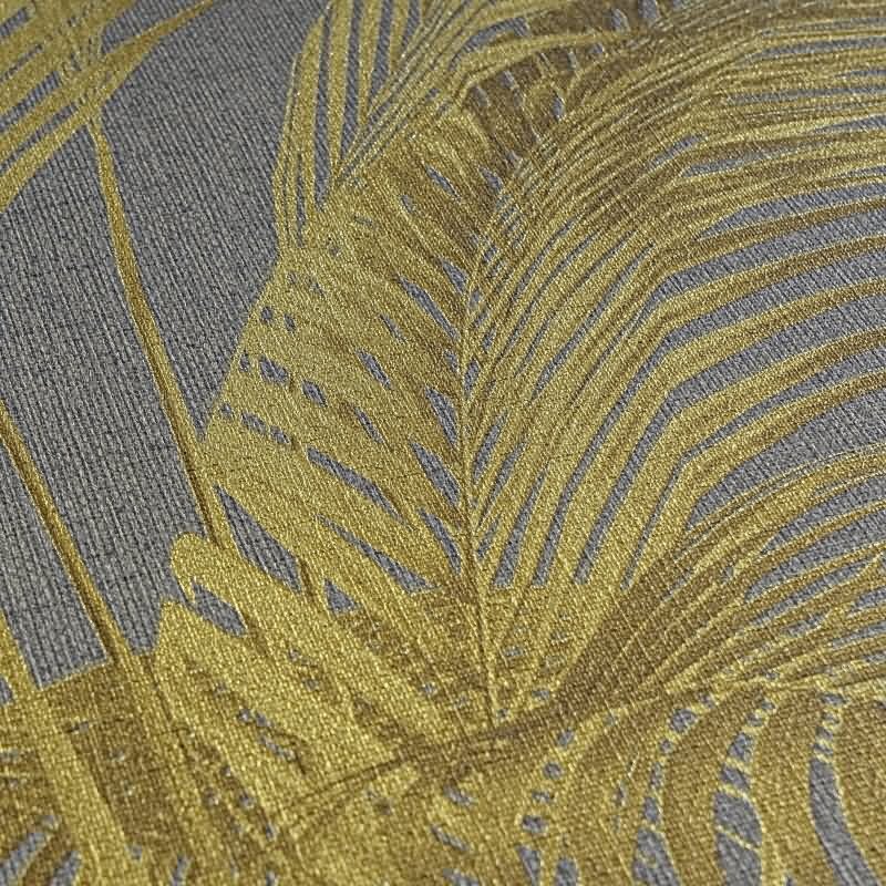 Vliestapete mit goldgelben Palmenblättern auf grauem Hintergrund (399804)