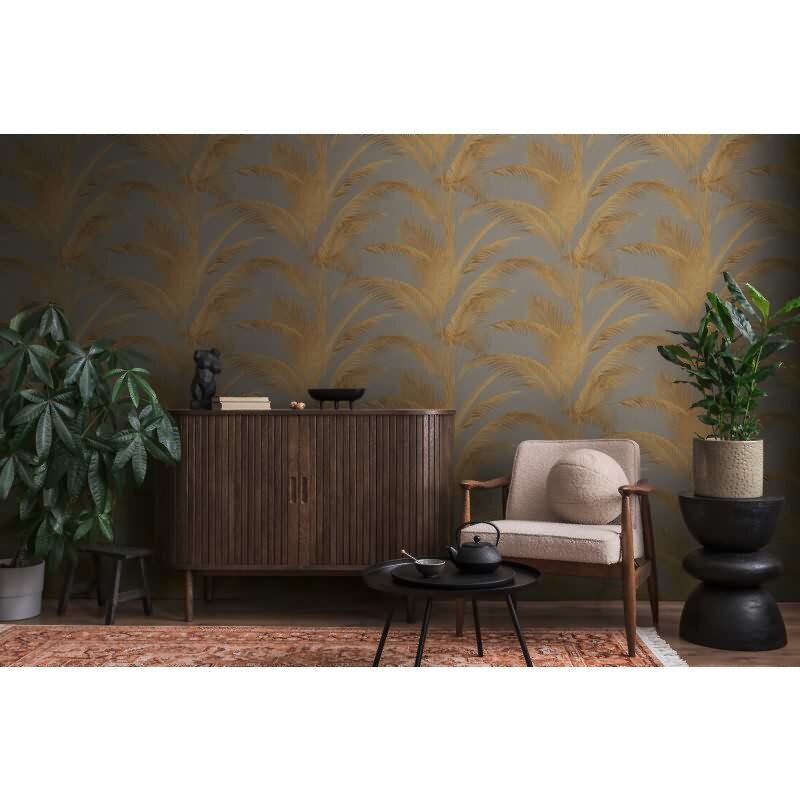 Vliestapete mit goldgelben Palmenblättern auf grauem Hintergrund (399804)