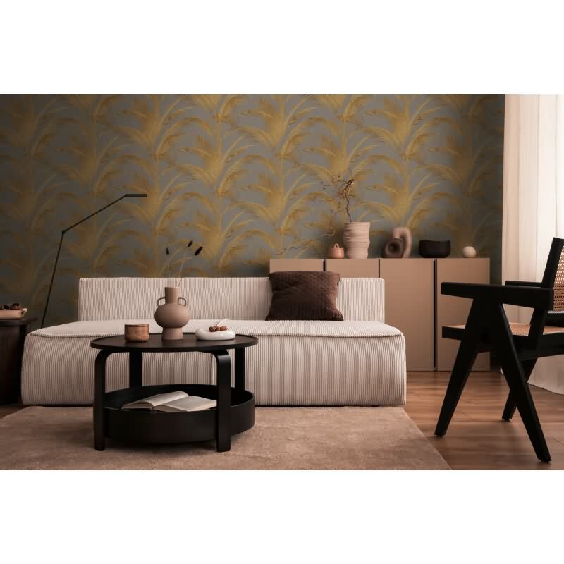 Vliestapete mit goldgelben Palmenblättern auf grauem Hintergrund (399804)