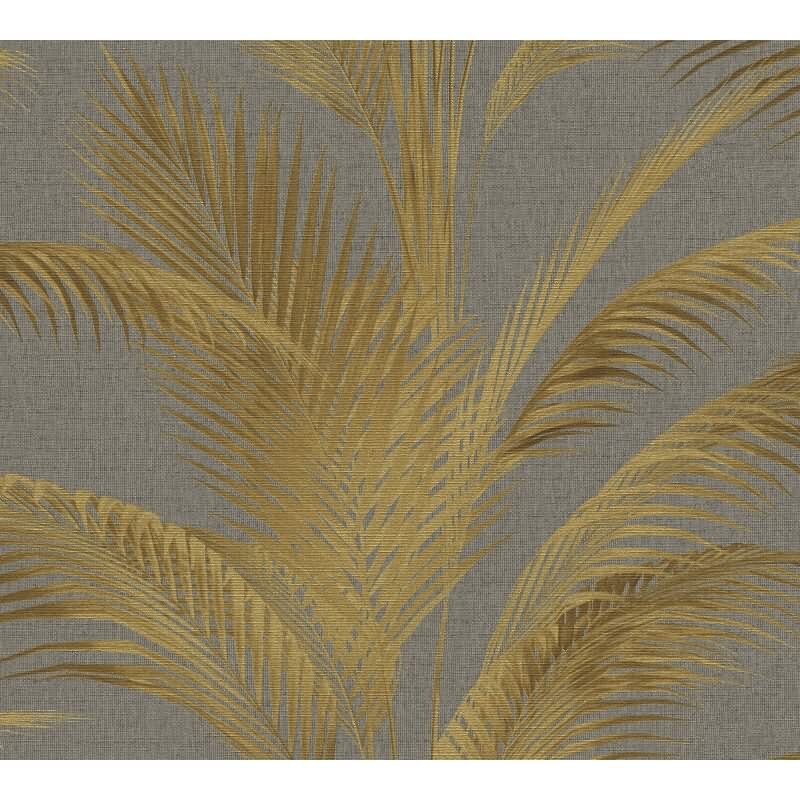 Vliestapete mit goldgelben Palmenblättern auf grauem Hintergrund (399804)