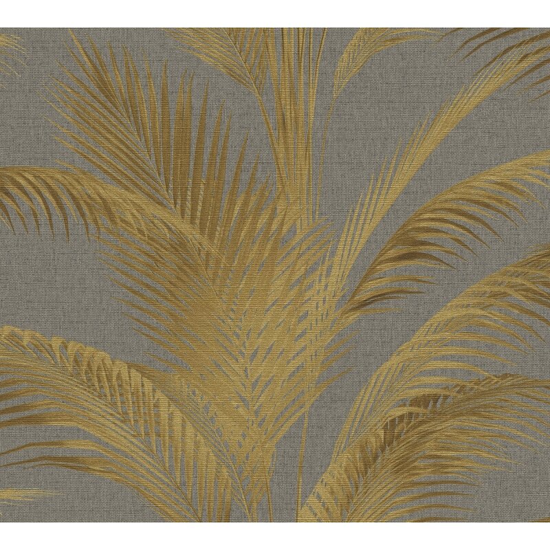 Vliestapete mit goldgelben Palmenblättern auf grauem Hintergrund (399804)