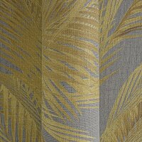 Vliestapete mit goldgelben Palmenbl&auml;ttern auf grauem...