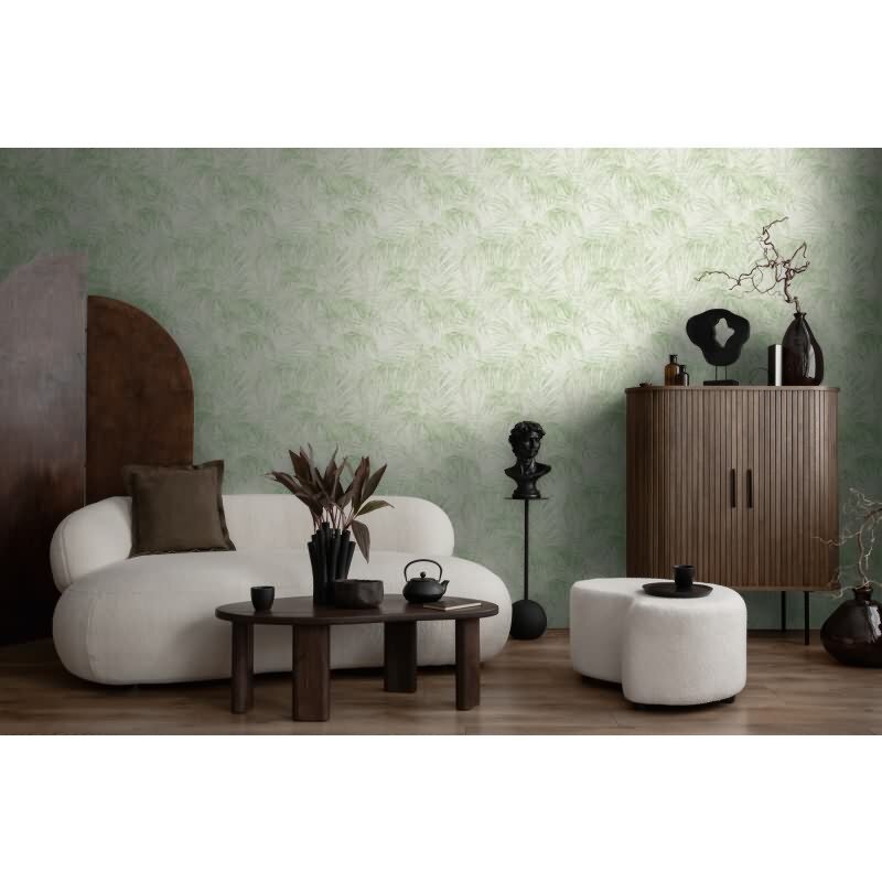 Vliestapete mit Palmenblättern in Hellgrün auf hellem Hintergrund (399811)