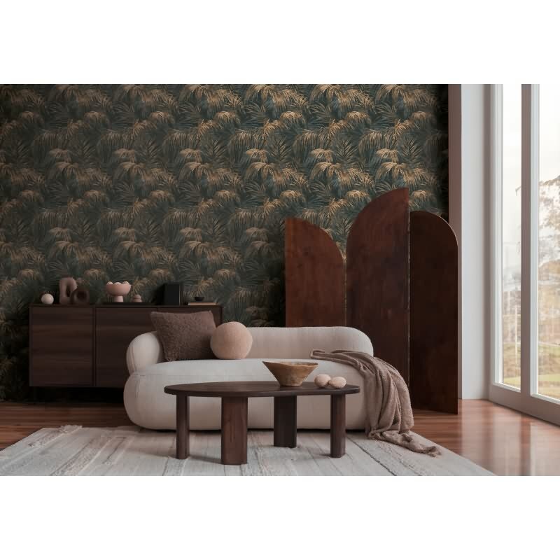 Vliestapete mit goldenen Palmenblättern auf schwarzem Hintergrund (399812)