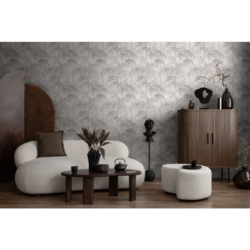 Vliestapete mit grauen Palmenblättern auf hellem Hintergrund (399813)