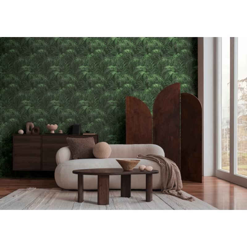 Vliestapete mit grünen Palmenblättern auf dunklem Hintergrund (399814)