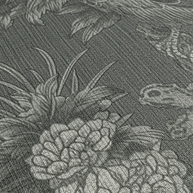 Vliestapete mit Pfauen und Blumen in Schwarz-Weiß auf dunklem Hintergrund (399821)
