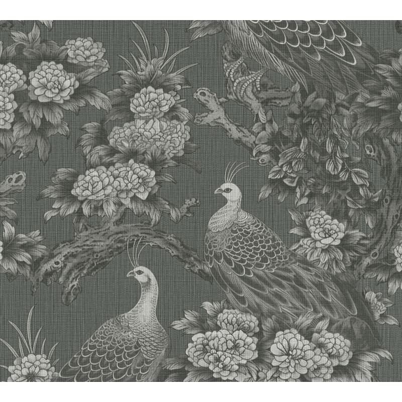 Vliestapete mit Pfauen und Blumen in Schwarz-Weiß auf dunklem Hintergrund (399821)