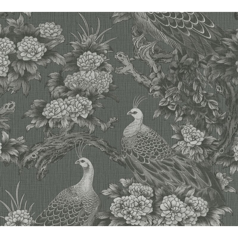 Vliestapete mit Pfauen und Blumen in Schwarz-Weiß auf dunklem Hintergrund (399821)