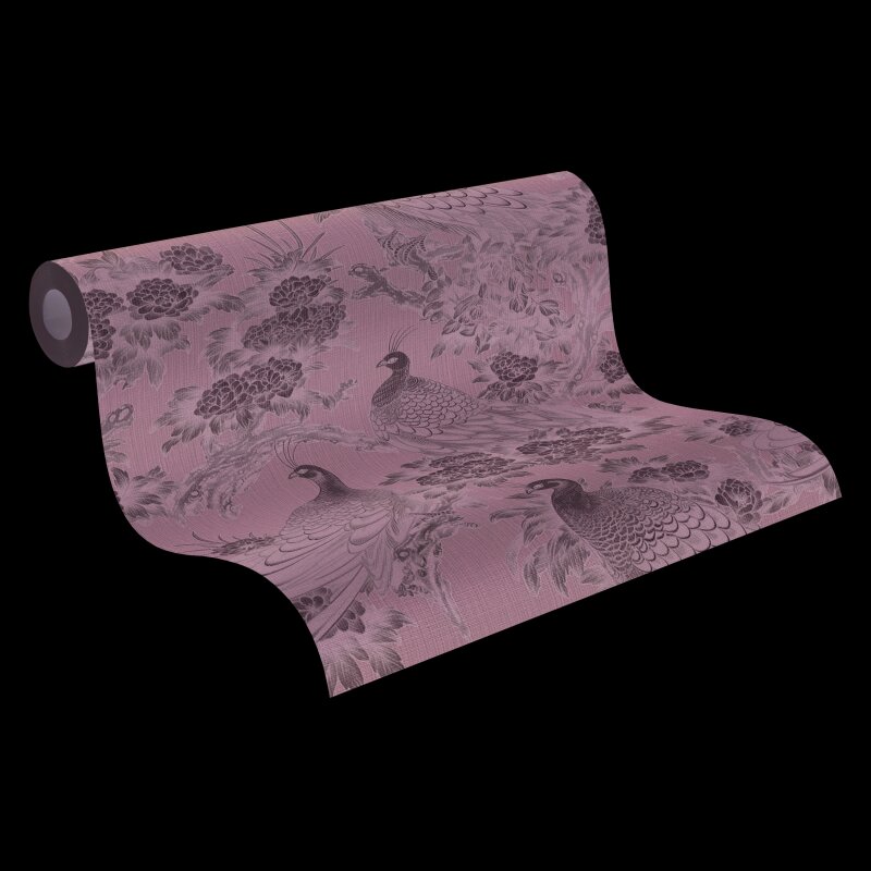 Vliestapete mit Pfauen und Blumen in Schwarz-Weiß auf dunklem Hintergrund (399821)