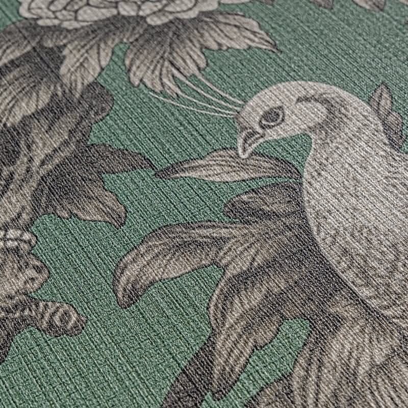 Vliestapete mit Pfauen und Blumen in Schwarz-Weiß auf grünem Hintergrund (399822)