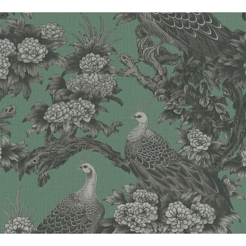 Vliestapete mit Pfauen und Blumen in Schwarz-Weiß auf grünem Hintergrund (399822)