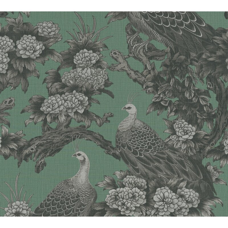 Vliestapete mit Pfauen und Blumen in Schwarz-Weiß auf grünem Hintergrund (399822)