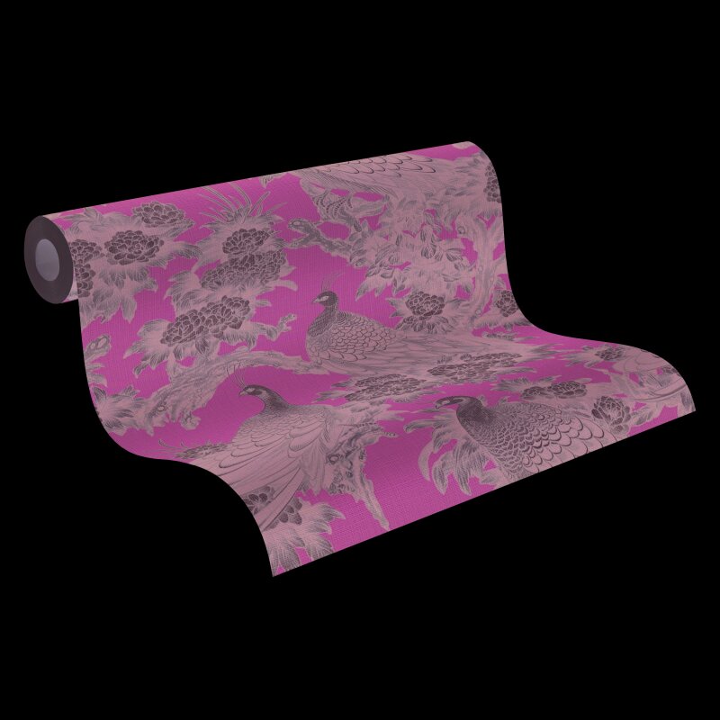 Vliestapete mit Pfauen und Blumen in Schwarz-Weiß auf grünem Hintergrund (399822)