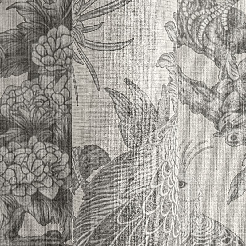 Vliestapete mit Pfauen und Blumen in Schwarz-Weiß auf hellem Hintergrund (399823)