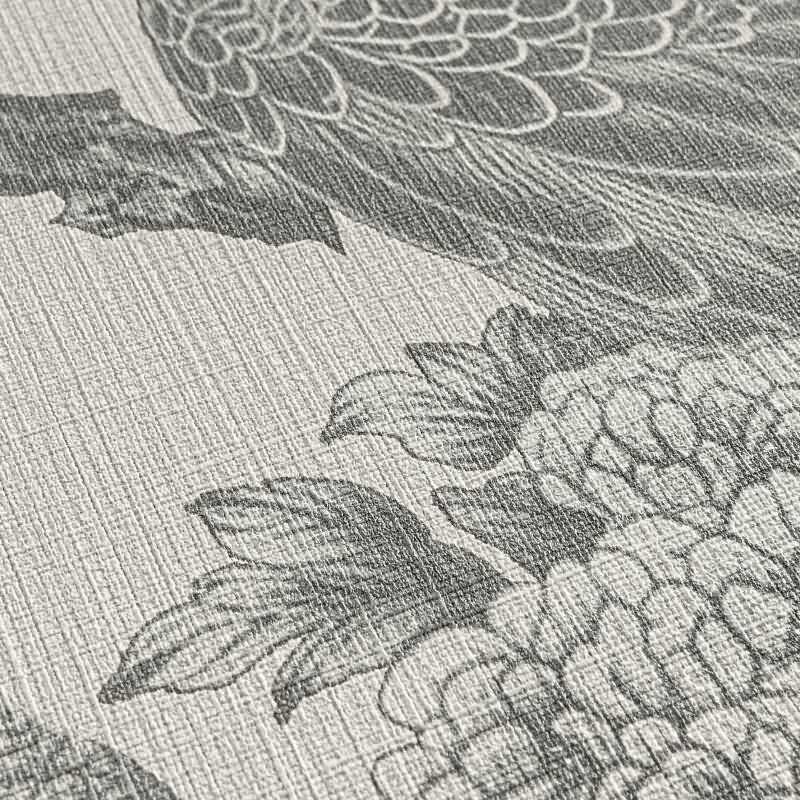 Vliestapete mit Pfauen und Blumen in Schwarz-Weiß auf hellem Hintergrund (399823)