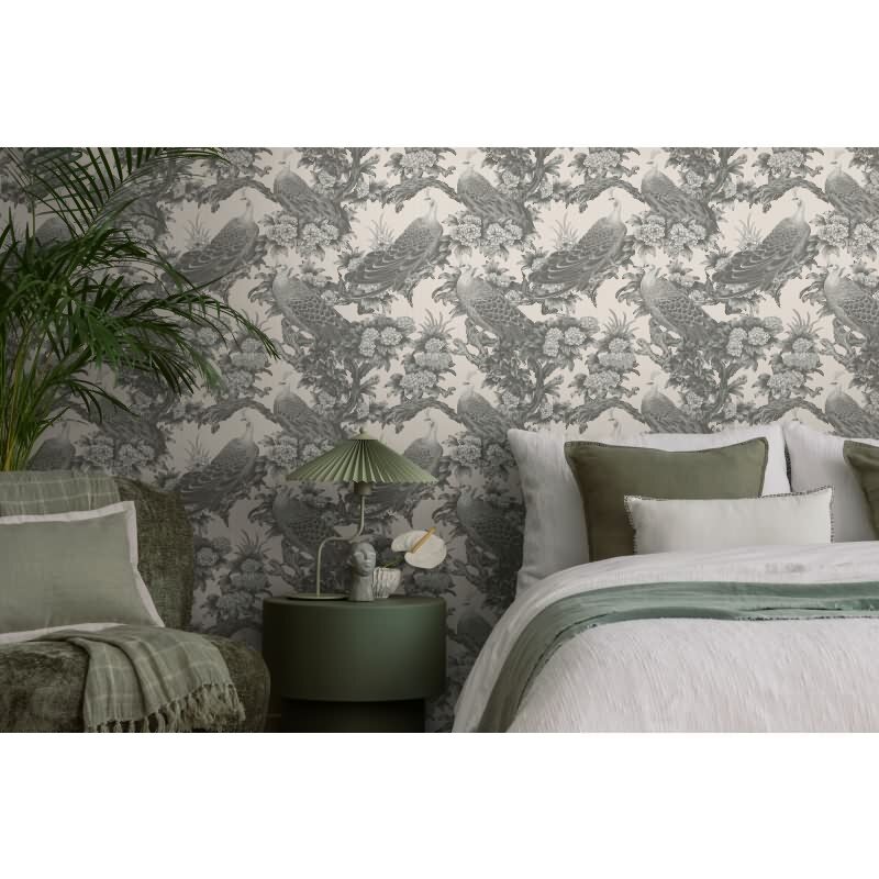 Vliestapete mit Pfauen und Blumen in Schwarz-Weiß auf hellem Hintergrund (399823)