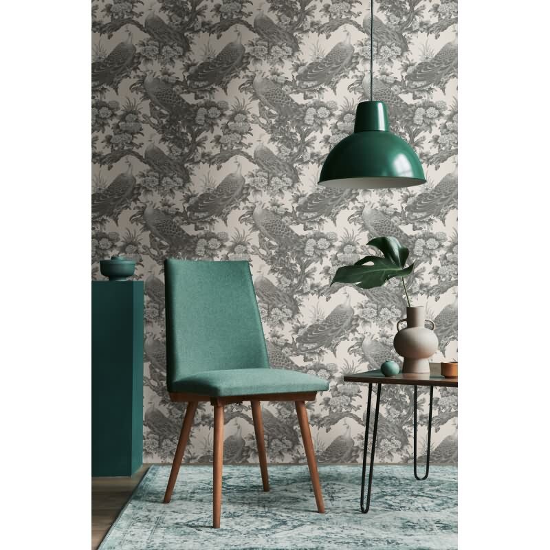 Vliestapete mit Pfauen und Blumen in Schwarz-Weiß auf hellem Hintergrund (399823)