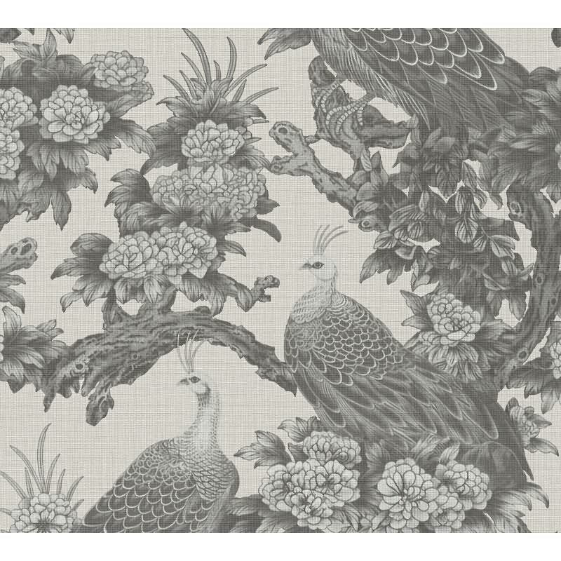 Vliestapete mit Pfauen und Blumen in Schwarz-Weiß auf hellem Hintergrund (399823)