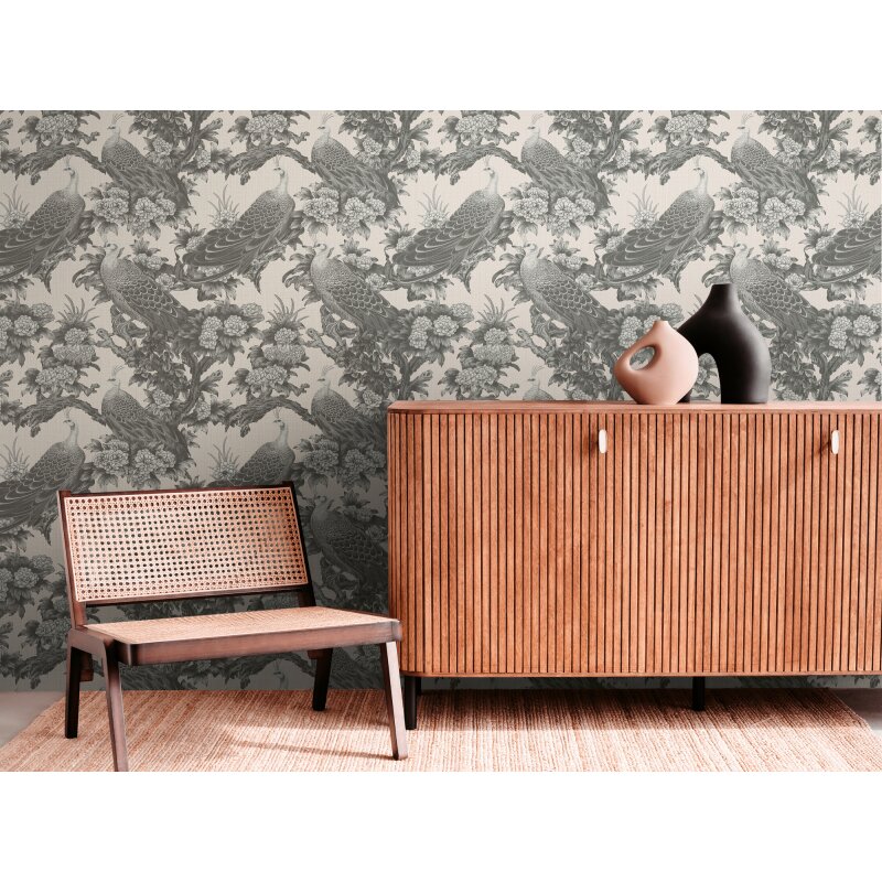 Vliestapete mit Pfauen und Blumen in Schwarz-Weiß auf hellem Hintergrund (399823)