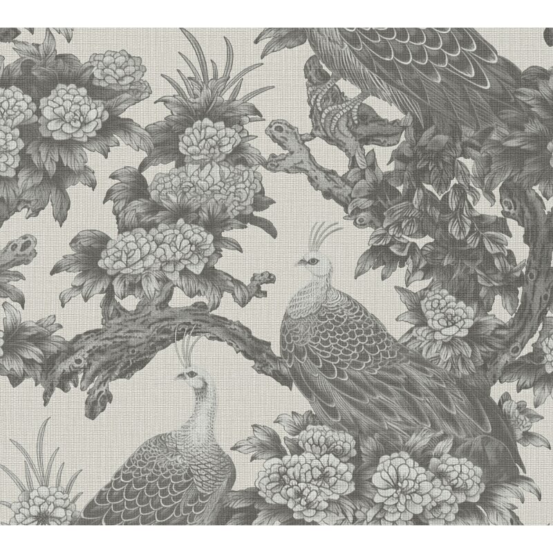 Vliestapete mit Pfauen und Blumen in Schwarz-Weiß auf hellem Hintergrund (399823)