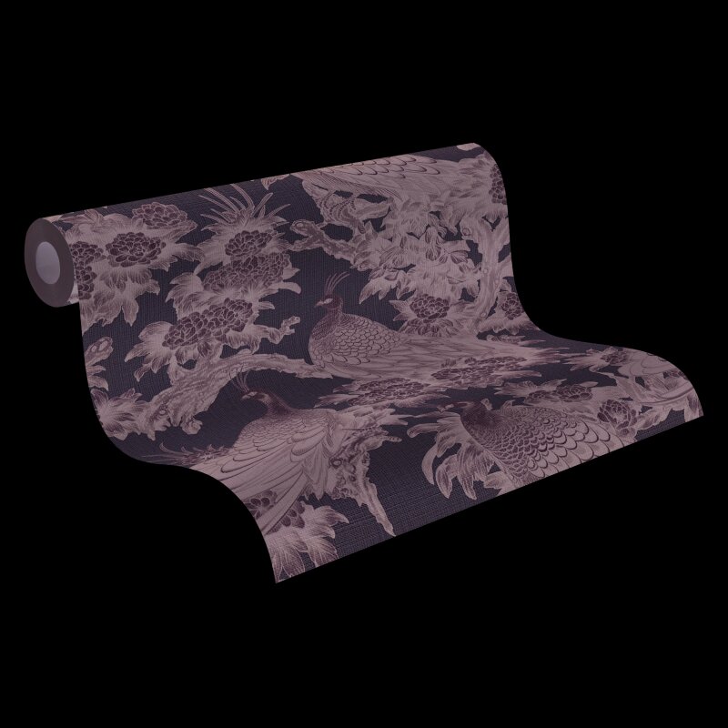 Vliestapete mit Pfauen und Blumen in Schwarz-Weiß auf hellem Hintergrund (399823)