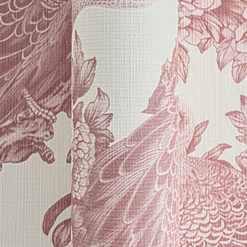 Vliestapete mit Pfauen und Blumen in Rot auf hellem Hintergrund (399824)