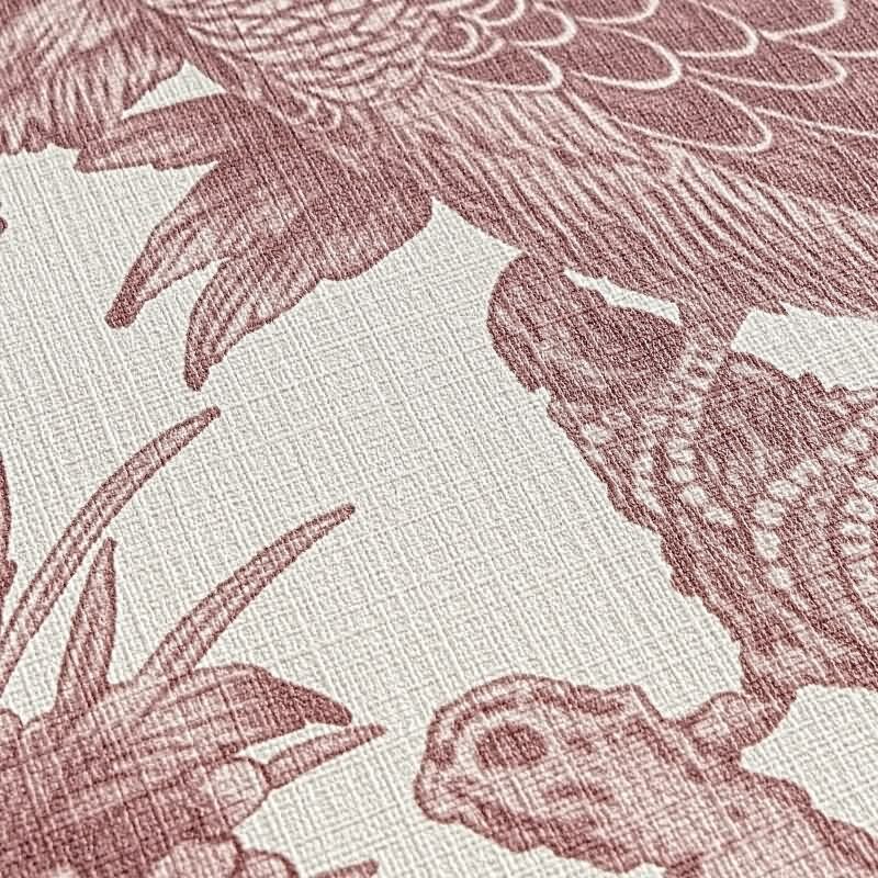 Vliestapete mit Pfauen und Blumen in Rot auf hellem Hintergrund (399824)